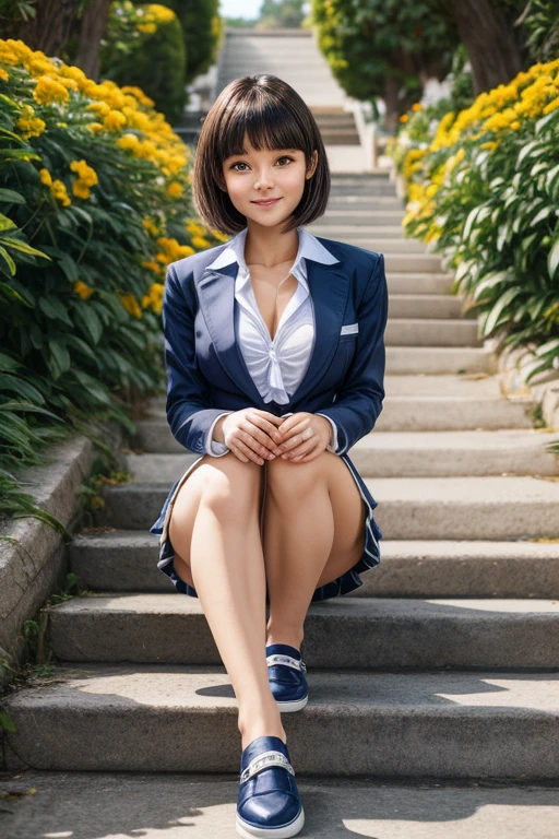 Highest quality, Ultra high definition, 8K, One Girl, solo, age of 17, High school girls with smiling faces and open her mouth and see her teeth white laughingly and She opens her thighs and sees panties from between a thigh squatting down on the ground with background is flowers garden, wears Transparent panties , get a glimpse of her Genitals, Hair of Bob, wear hears hair in bangs, Hair of Brown, Double eyelids, Long eyelashes, Lower lashes, Brown eyes, Watching the audience, Wearing a School uniform, , Skinny body, Skinny bust, Skinny breasts, White shirts, Navy blue blazer, Green neck tie, Unbutton hers shirts, A glimpse of her pink bra, Navy blue and white checked pleated skirt, A miniskirt that barely covers the top of the thighs, Thin arms. Long, slender legs, Black loafer shoes, Coming down the hill, Full Front Body Shot. Looking down at me with a provocative gaze