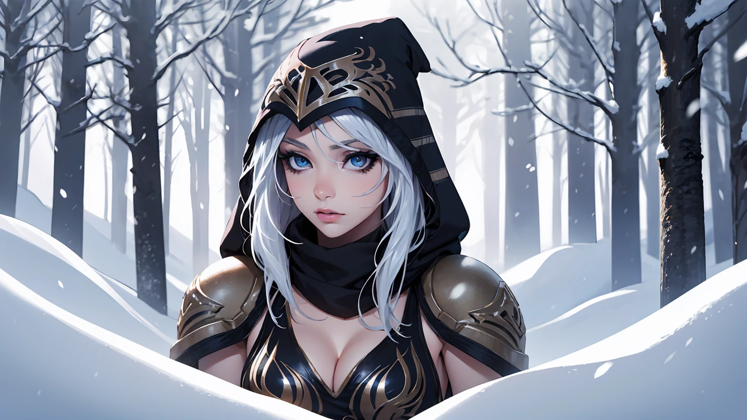 league of legends Ashe, warrior, (masterpiece, best quality), beautiful woman, outdoor snowy forest of pine trees, snow storm, low invisibility, perfect face, beautiful face, serious look, perfect slim fit body, hoding a bow, (standing), abstract background, bright colors, medium breasts, (solo), sexy