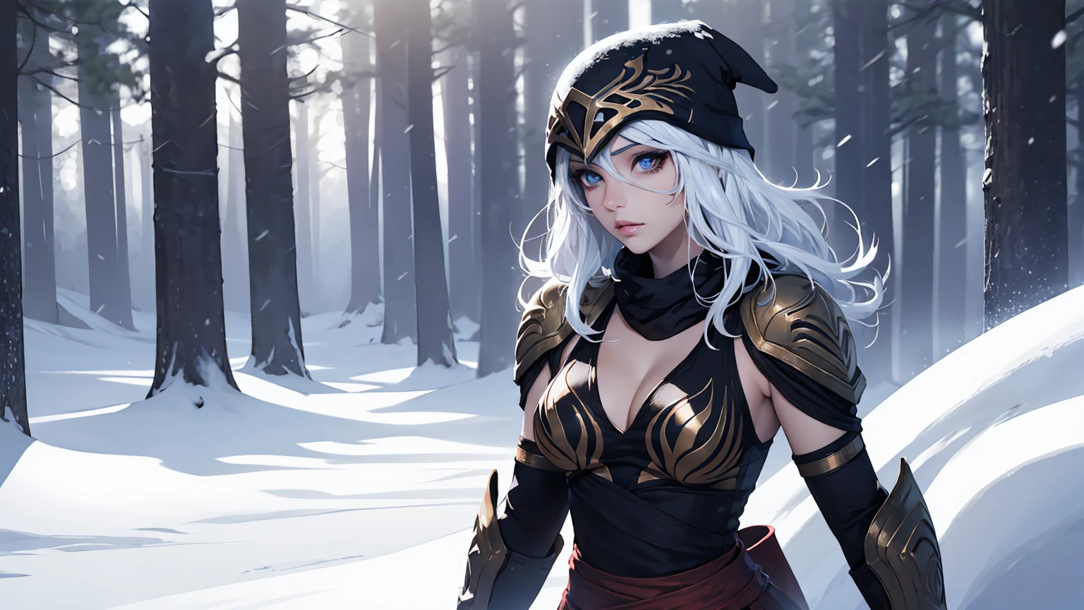 league of legends Ashe, warrior, (masterpiece, best quality), beautiful woman, outdoor snowy forest of pine trees, snow storm, low invisibility, perfect face, beautiful face, serious look, perfect slim fit body, hoding a bow, (standing), abstract background, bright colors, medium breasts, (solo), sexy