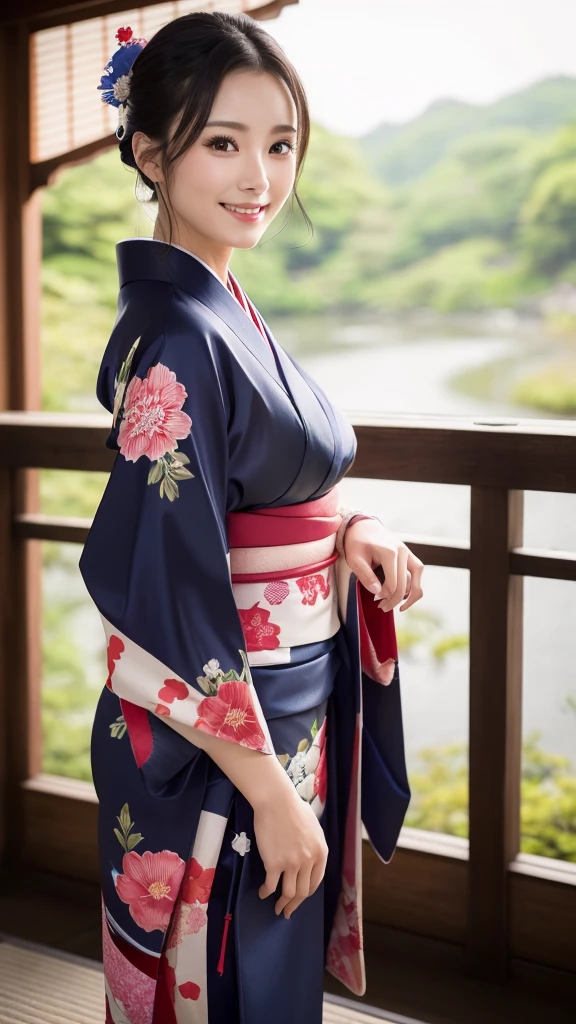 (Super beautiful woman in kimono)、((highest quality、8K masterpiece:1.3))、sharp focus:1.2、(super beautiful face:1.0)、(shiny skin:1.0)、realistic pictures、black hair、video lighting、High resolution eyes and face、video lighting、japanese actress、from the front、with a happy smile、whole body、wearing a kimono、in Kyoto、(luxury obi)、with a fan
