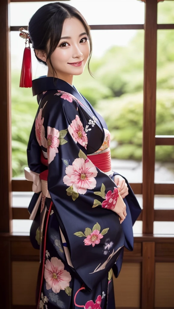 (Super beautiful woman in kimono)、((highest quality、8K masterpiece:1.3))、sharp focus:1.2、(super beautiful face:1.0)、(shiny skin:1.0)、realistic pictures、black hair、video lighting、High resolution eyes and face、video lighting、japanese actress、from the front、with a happy smile、whole body、wearing a kimono、in Kyoto、(luxury obi)、with a fan