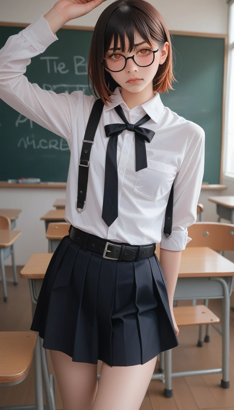 score_9_up, score_8_up, score_7_up, (masterpiece, best quality: 1.2), night(Chainsaw Man),(Very rich facial details, Real images, Realistic skin, Realistic body, Intricate details), Red Eyes (Intimidating appearance), faint blush, Social Clothing, Half-open button shirt (White的), White, skirt (Black), Black belt with buckle, short hair, Glasses, Small Breasts, close up, thigh, classroom, Blackboard.
