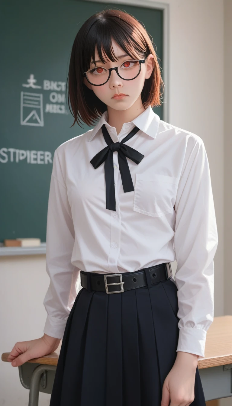 score_9_up, score_8_up, score_7_up, (masterpiece, best quality: 1.2), night(Chainsaw Man),(Very rich facial details, Real images, Realistic skin, Realistic body, Intricate details), Red Eyes (Intimidating appearance), faint blush, Social Clothing, Half-open button shirt (White的), White, skirt (Black), Black belt with buckle, short hair, Glasses, Small Breasts, close up, thigh, classroom, Blackboard.