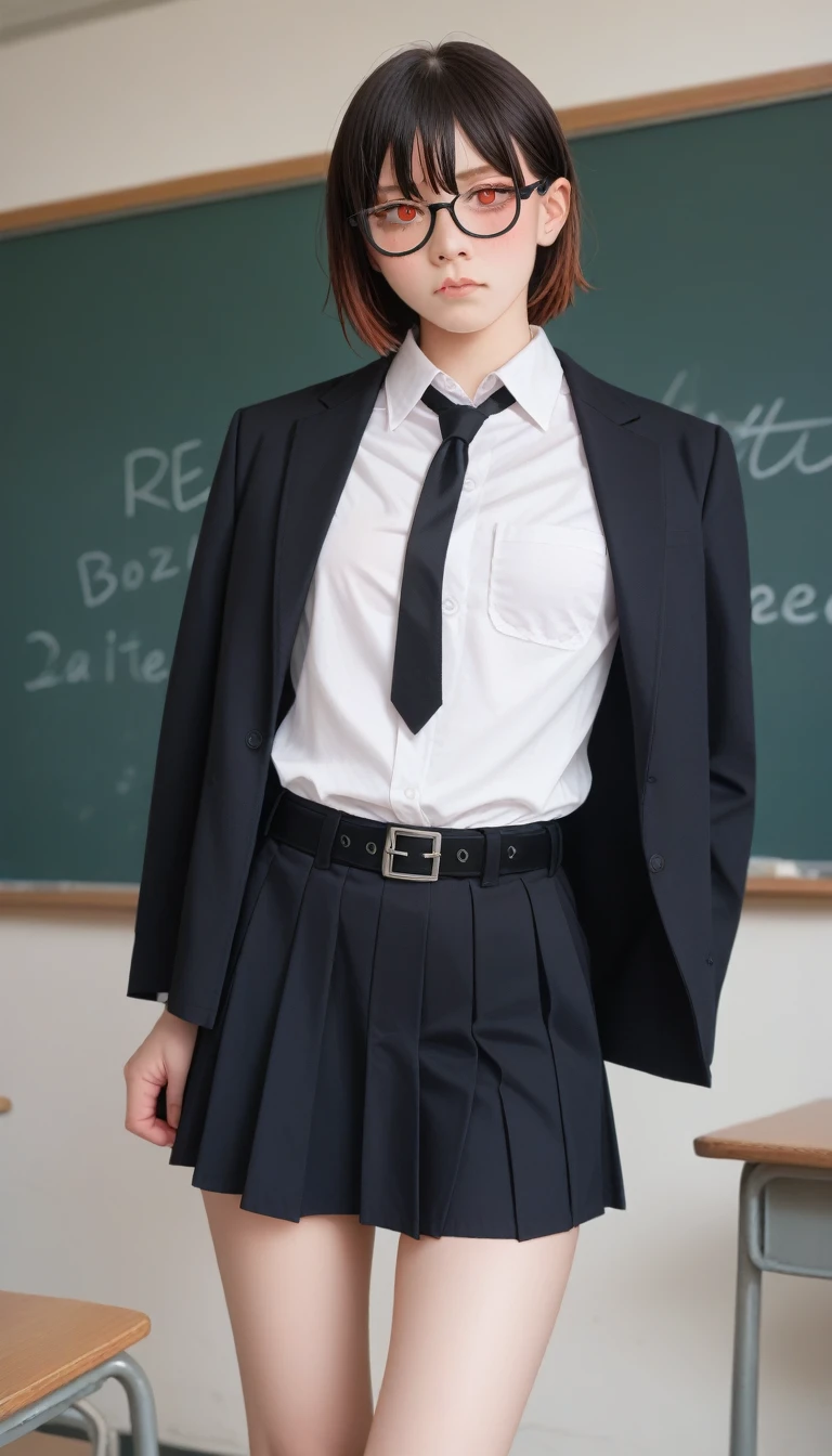 score_9_up, score_8_up, score_7_up, (masterpiece, best quality: 1.2), night(Chainsaw Man),(Very rich facial details, Real images, Realistic skin, Realistic body, Intricate details), Red Eyes (Intimidating appearance), faint blush, Social Clothing, Half-open button shirt (White的), White, skirt (Black), Black belt with buckle, short hair, Glasses, Small Breasts, close up, thigh, classroom, Blackboard.