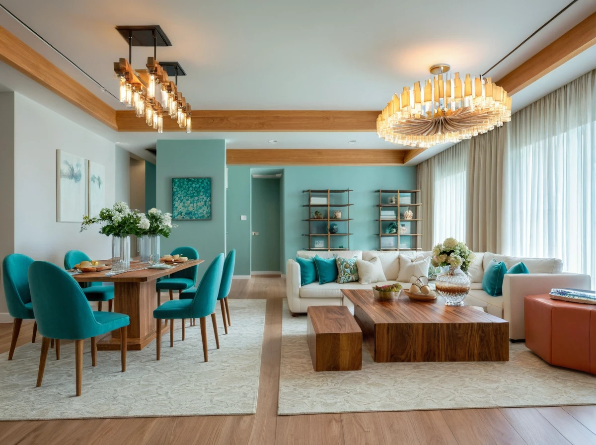 Raw photo, Masterpiece, high quality, best quality, authentic, super detail, ((Coastal)), A palette of whites, blues, and sandy beiges creates a breezy atmosphere, Accents of turquoise, coral, or seafoam green can add a touch of vibrancy, Natural materials like wood and woven textures further enhance the coastal feel, indoors, living room style modern, ceiling lights, chandeliers, sofas with coffee table, pillows, a rug placed under the couch, flower vases on the dining table and coffee table, painting on the rear wall, cream curtain walls, vivid color,
