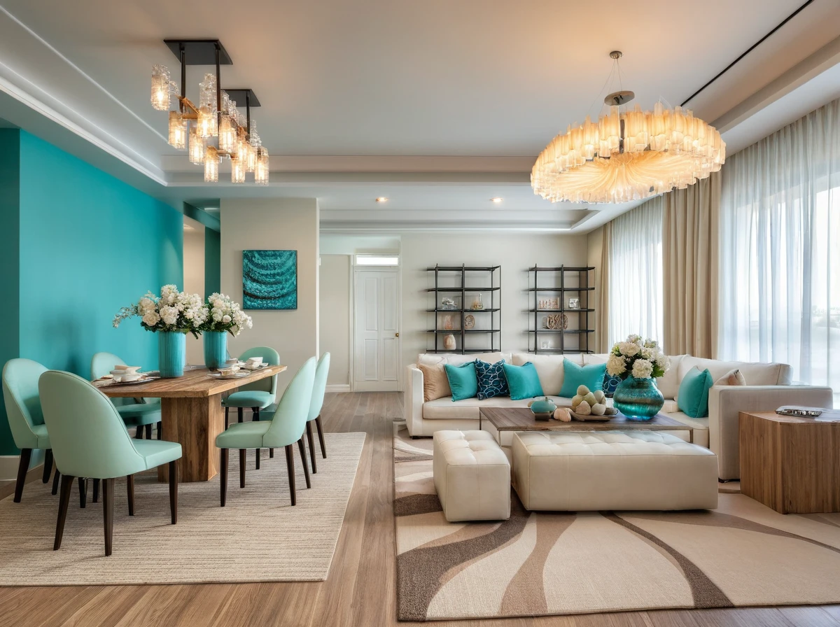 Raw photo, Masterpiece, high quality, best quality, authentic, super detail, ((Coastal)), A palette of whites, blues, and sandy beiges creates a breezy atmosphere, Accents of turquoise, coral, or seafoam green can add a touch of vibrancy, Natural materials like wood and woven textures further enhance the coastal feel, indoors, living room style modern, ceiling lights, chandeliers, sofas with coffee table, pillows, a rug placed under the couch, flower vases on the dining table and coffee table, painting on the rear wall, cream curtain walls, vivid color,