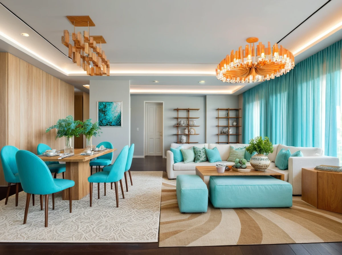 Raw photo, Masterpiece, high quality, best quality, authentic, super detail, ((Coastal)), A palette of whites, blues, and sandy beiges creates a breezy atmosphere, Accents of turquoise, coral, or seafoam green can add a touch of vibrancy, Natural materials like wood and woven textures further enhance the coastal feel, indoors, living room style modern, ceiling lights, chandeliers, sofas with coffee table, pillows, a rug placed under the couch, flower vases on the dining table and coffee table, painting on the rear wall, cream curtain walls, vivid color,