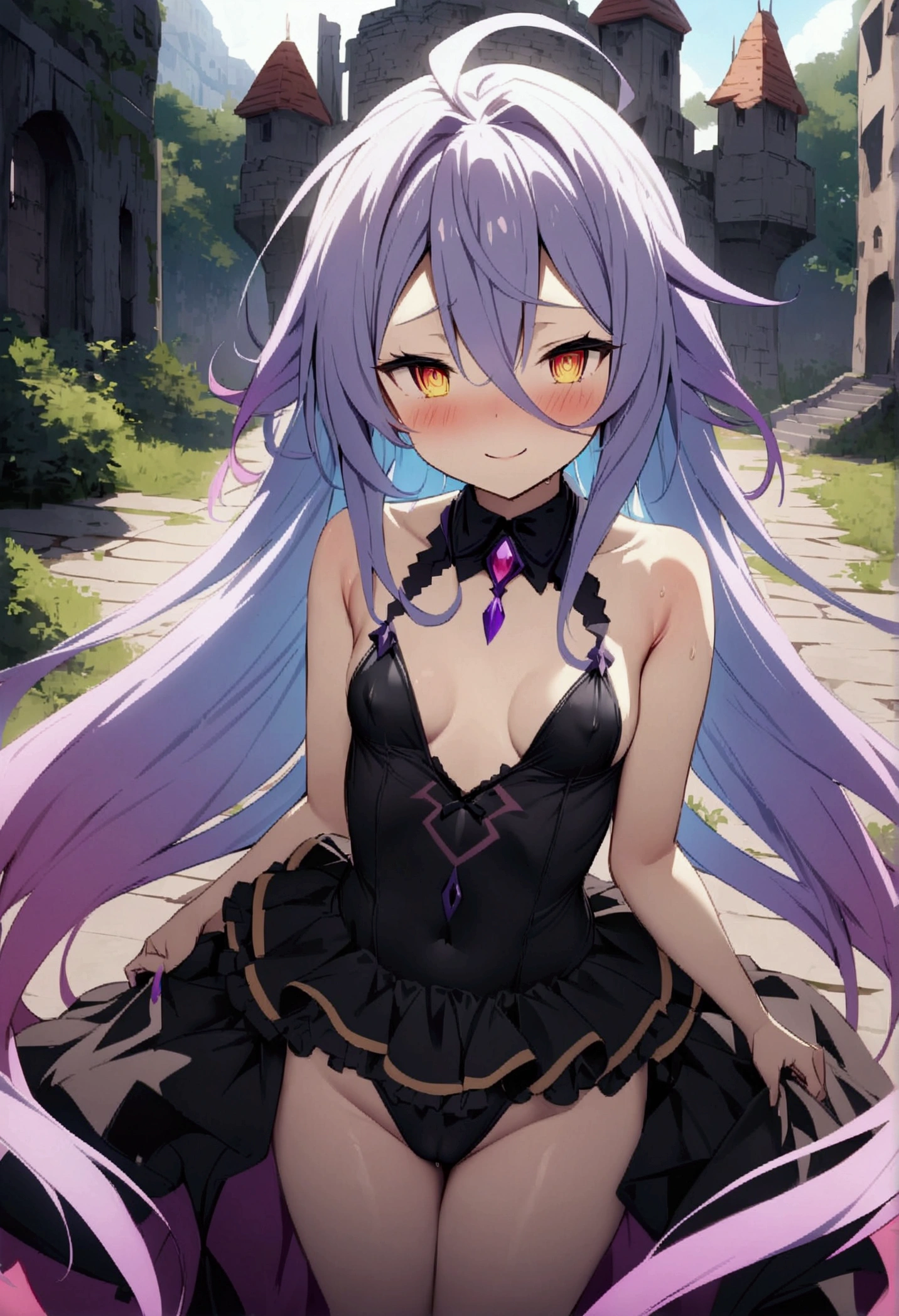 NSFW,masterpiece,Highest quality,High resolution,Very detailed,white\(no game No life\),Small breasts,Bad smile,blush,(devil),devilの角,devilのしっぽ,devilの羽,High-quality black frill dress,leotard,Abandoned Castle