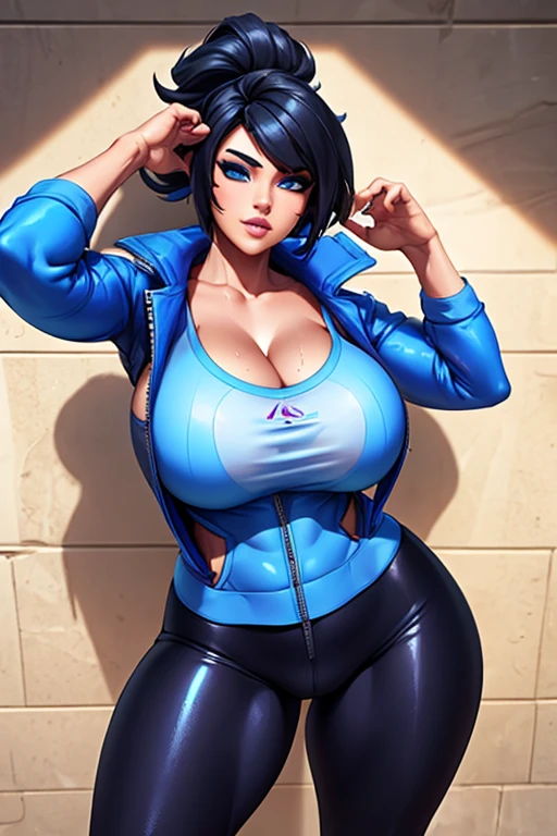 4k, masterpiece, high resolution, 3D art style, Akali, 1girl, black hair, blue eyes, thick lips, slender hips, thick thighs, thick, huge and droopy breast, huge round ass, oily shiny skin, cleavage, workout clothes, jacket, wet clothes, posing against the wall, facing the viewer