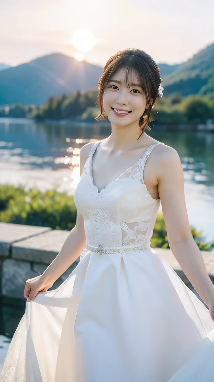 (8k、RAW Photos、Highest quality、masterpiece:1.2)、(Realistic、Realistic)、1 girl、((Wedding dress、Chapel、Short Bob、View from the front、smile、Look at the camera and smile、stand))、cute、Small breasts