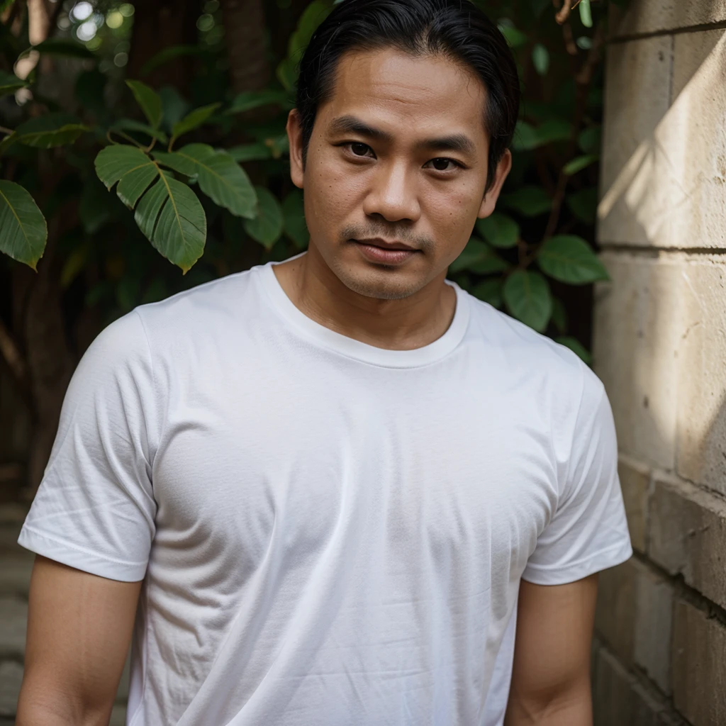 Medium shot of a 38 year old indonesian man, oval face, white skin, nature skin, medium hair, wearing a tshirt