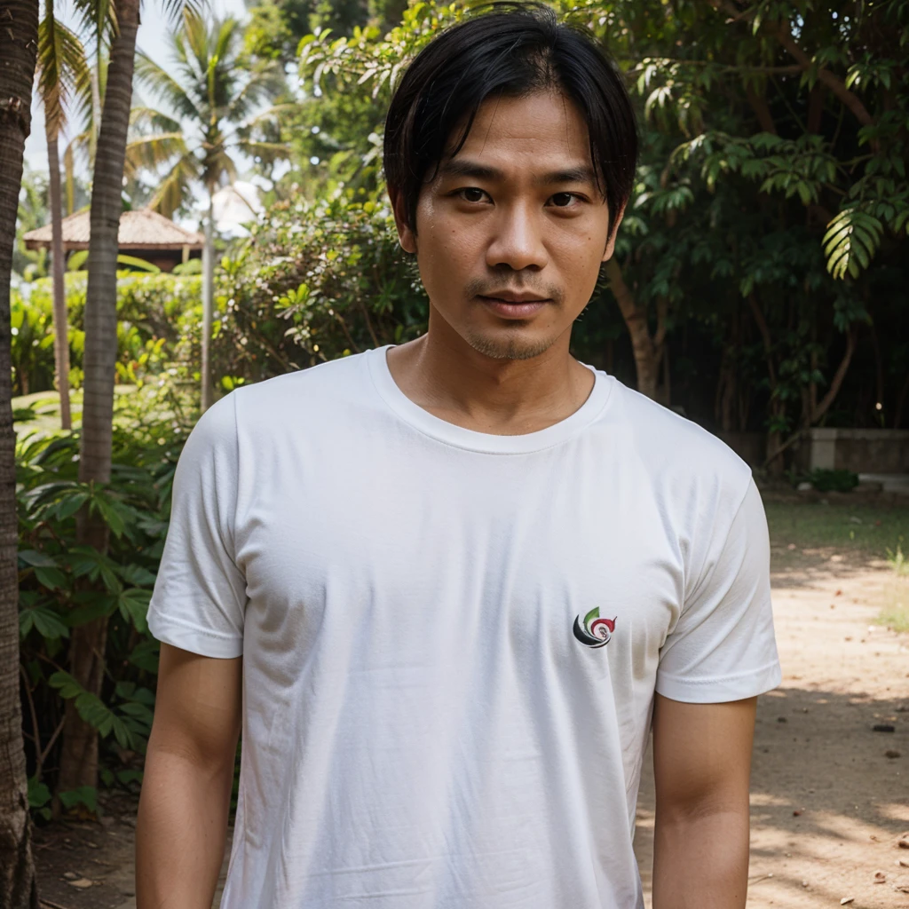 Medium shot of a 38 year old indonesian man, oval face, white skin, nature skin, medium hair, wearing a tshirt