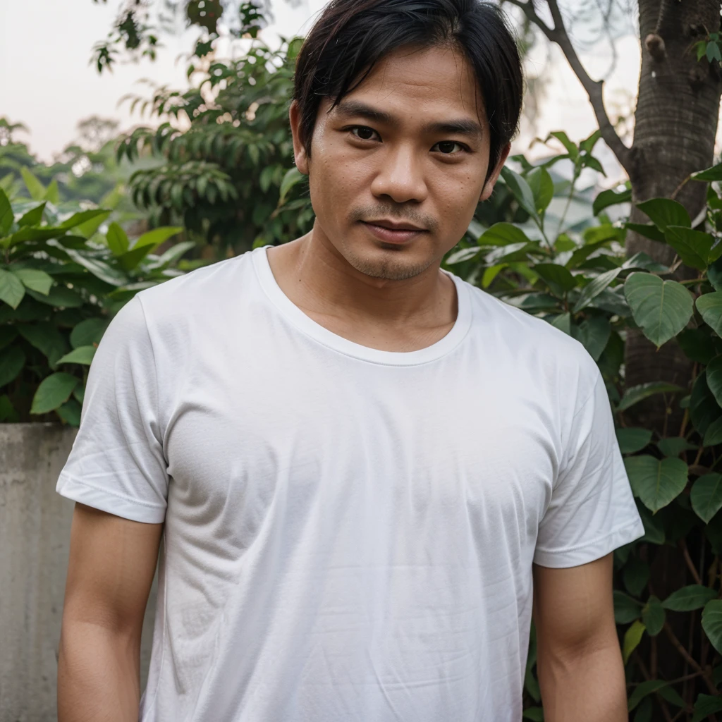 Medium shot of a 38 year old indonesian man, oval face, white skin, nature skin, medium hair, wearing a tshirt