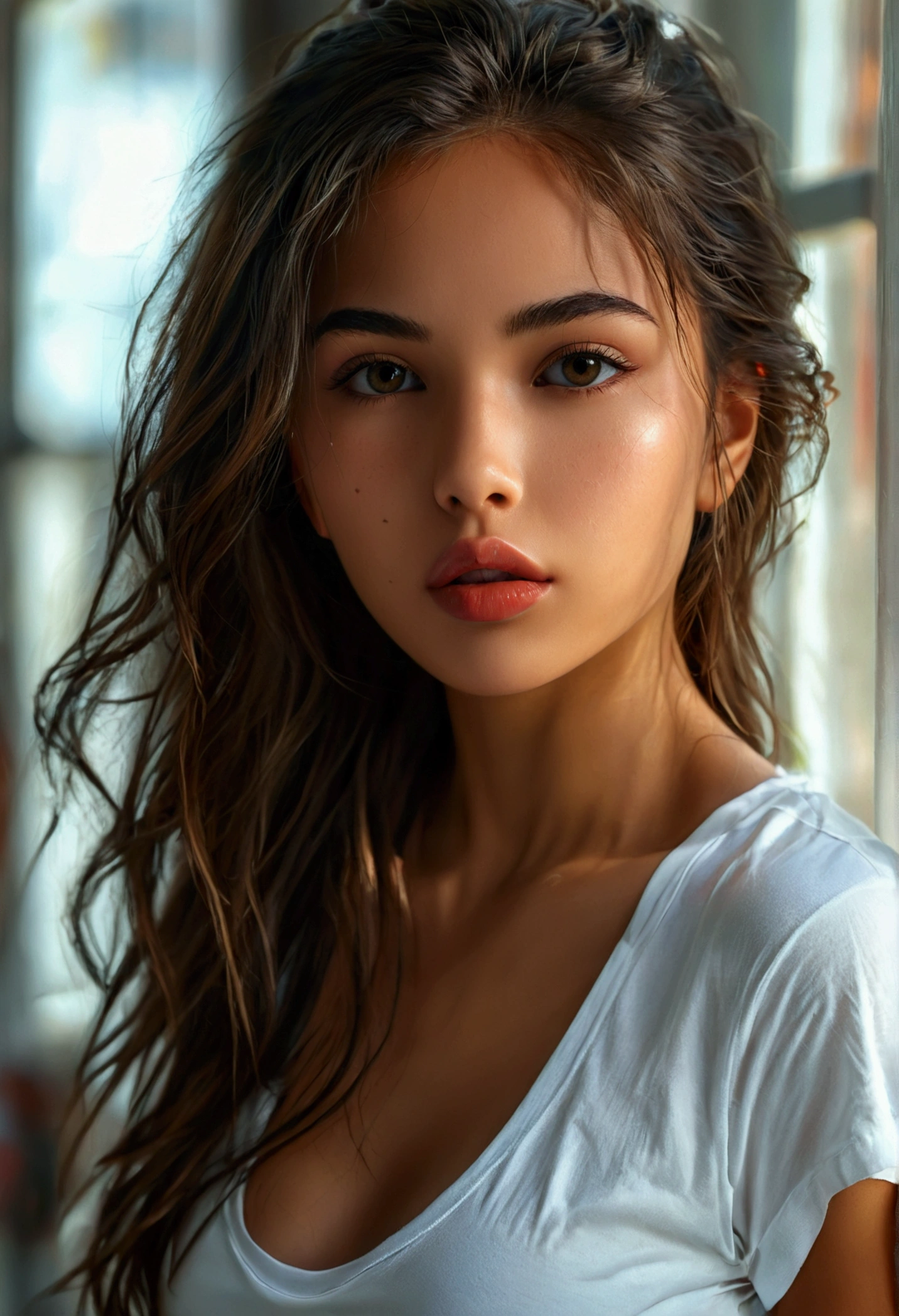 the most beautiful latina girl, slim atletic body, perfect detailed face, big bright hazel eyes and big lips, photorealistic, wearing a white T-shirt, nipples marked on the T-shirt, 8K, filmic, photographic realism, sweet innocent face, long straight loosen hair