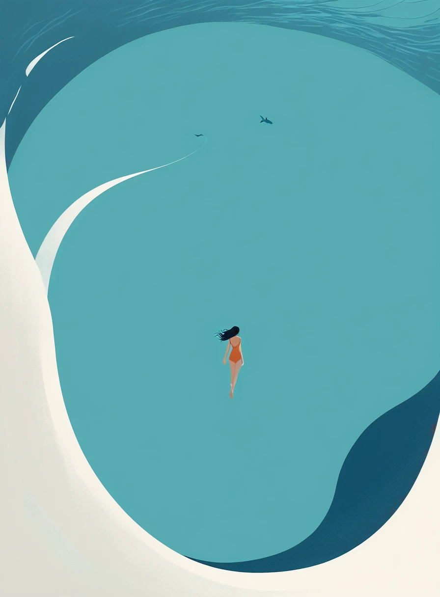 Minimalist Journey, diving, Solitary, 1 girl swimming gracefully with beautiful curves, Minimalism, Under the Sea, illustration.