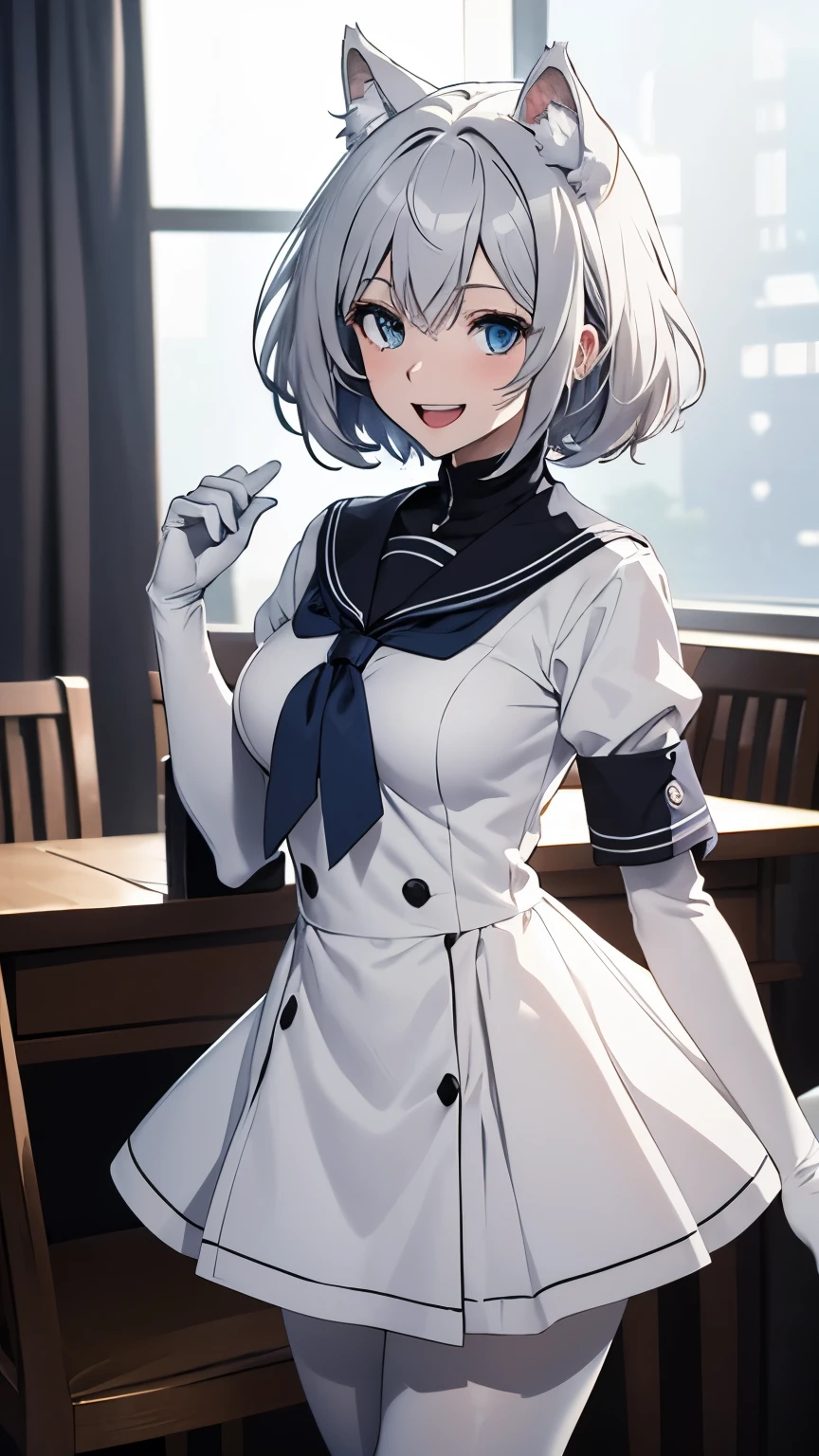Tabletop　High resolution　Best image quality　8k　 Adult female　Anime Style　White long gloves（Elbow Gloves）　White Sailor Suit（No sleeve）　mini skirt　White Pantyhose　White wolf ears　short hair（（Shortcuts）（Gray Hair）（Perm）（fluffy））　blue eyes　Attractive face（（Laughter）（smile）（Open your mouth））　Are standing　Lean forward
