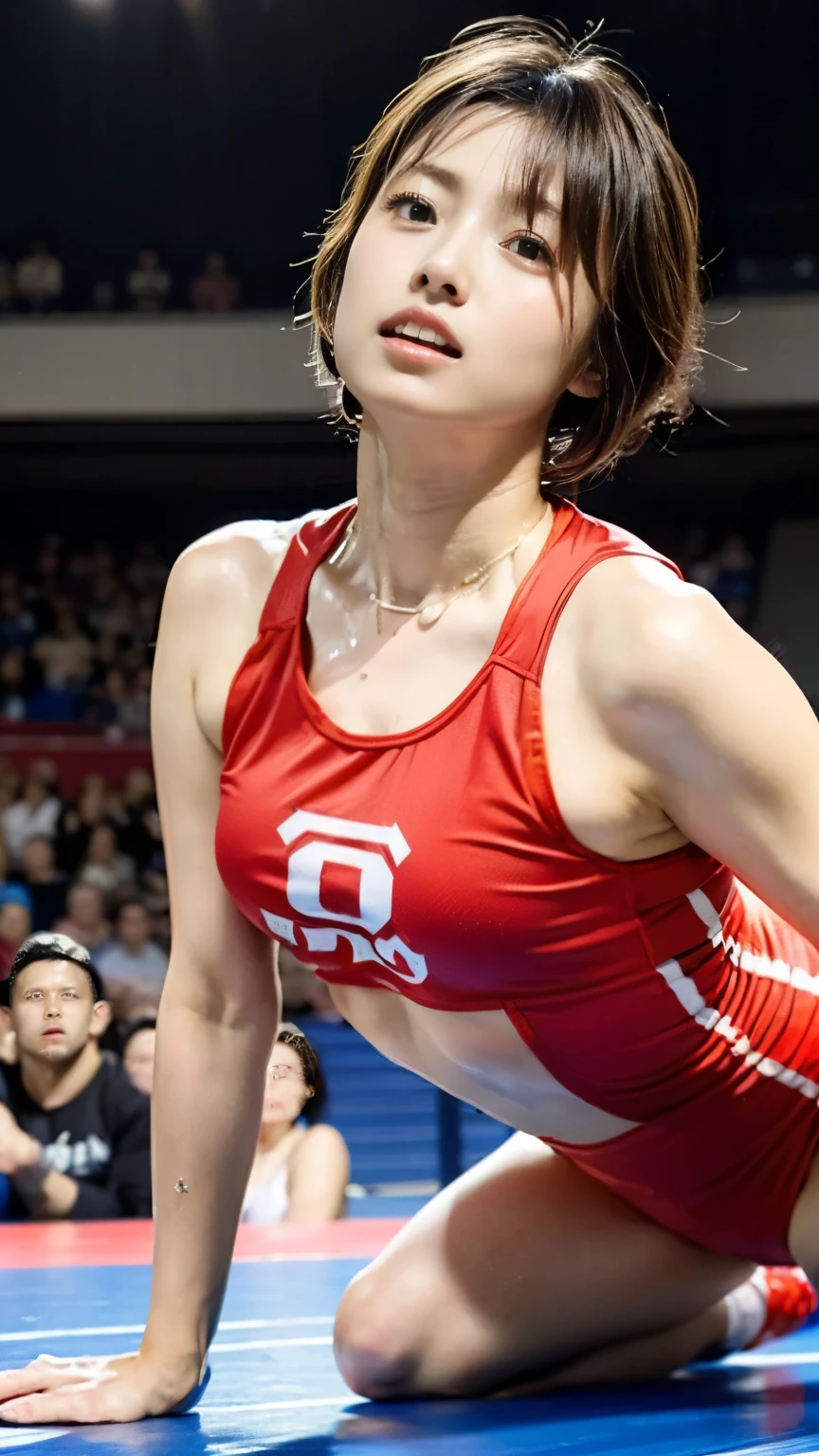 (((Perfect anatomy with careful and detailed depictions of the limbs, Consider the bending direction of the joints))),The stands are full of spectators,(((On the center floor of a large wrestling arena packed with spectators, a beautiful wrestler with outstanding style is facing his opponent seriously with a frown on his face.))),(((The uniform will be a red and white wrestling singlet with the JPN logo in large letters on the chest, as well as wrestling shoes.))),(((Capturing dynamic movement,写真にfull-body,A snapshot of wrestling as you grit your teeth and face your opponent))),((A beautiful wrestler wearing a white uniform with red lines and a necklace is holding her open hand towards her opponent and facing forward)),Sliding through the wind,Beautiful rolling form,Maximum speed,(((眉間にしわを寄せ歯軋りながら相手と組み合う動きの本質を捉えた側方からの4K動body撮影))),hurtle,Opponent tackles all-in-one on the waist,(A packed, enthusiastic crowd in the background:1.5),realistic and realistic,(masterpiece:1.5),Olympic concept art,Intricate details,Highly detailed and realistic,Octane Rendering,4K,Real engine,Dynamic pose, Highest quality,High resolution,(Realistic Face:1.1),(Splendid:1.1), ((full_body)),((Expressing the sense of dynamism emanating from the entire body)),slim,Muscular,Hard,A coke bottle body with a slim waist and big hips,(4K画面一杯に躍動する彼女),(Sweaty, glistening skin:1.2),(((The short bob is very cute))),(((Perfect hands))),(Highly detailed background),((They face off on a raised wrestling floor,Background of a stadium full of spectators)),((Beauty condensed into one girl)),((Beautiful eyes full of light,High quality eyes,High quality face)),(Wearing a necklace),(((The amount of sweat dripping down is dazzling))),(Her short chestnut hair flutters with her movements.),((Dramatic beauty)),Beautiful bokeh with deep depth of field,4K,Gothic,4K Digital SLR Camera,Fujifilm XT3 Style,(Delicate eyes and face),Professional perspective,Amazing details,Beauty condensed into one girl,繊細でHigh noseを持つ美しい顔,High nose, Clear sky-blue eyes that praise the light, Glossy Red Lips,(((Condensing beauty from another dimension into a single photograph))),