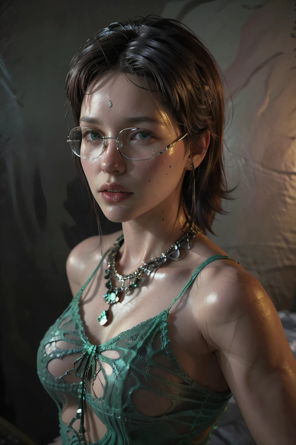 hot girl, Wine-colored hair, green eyes, metal frame glasses, nurse . ((elegance. gradient. photorealism. Unreal engine. 3D model. Ultra high quality textures. high detail. permission 8k))