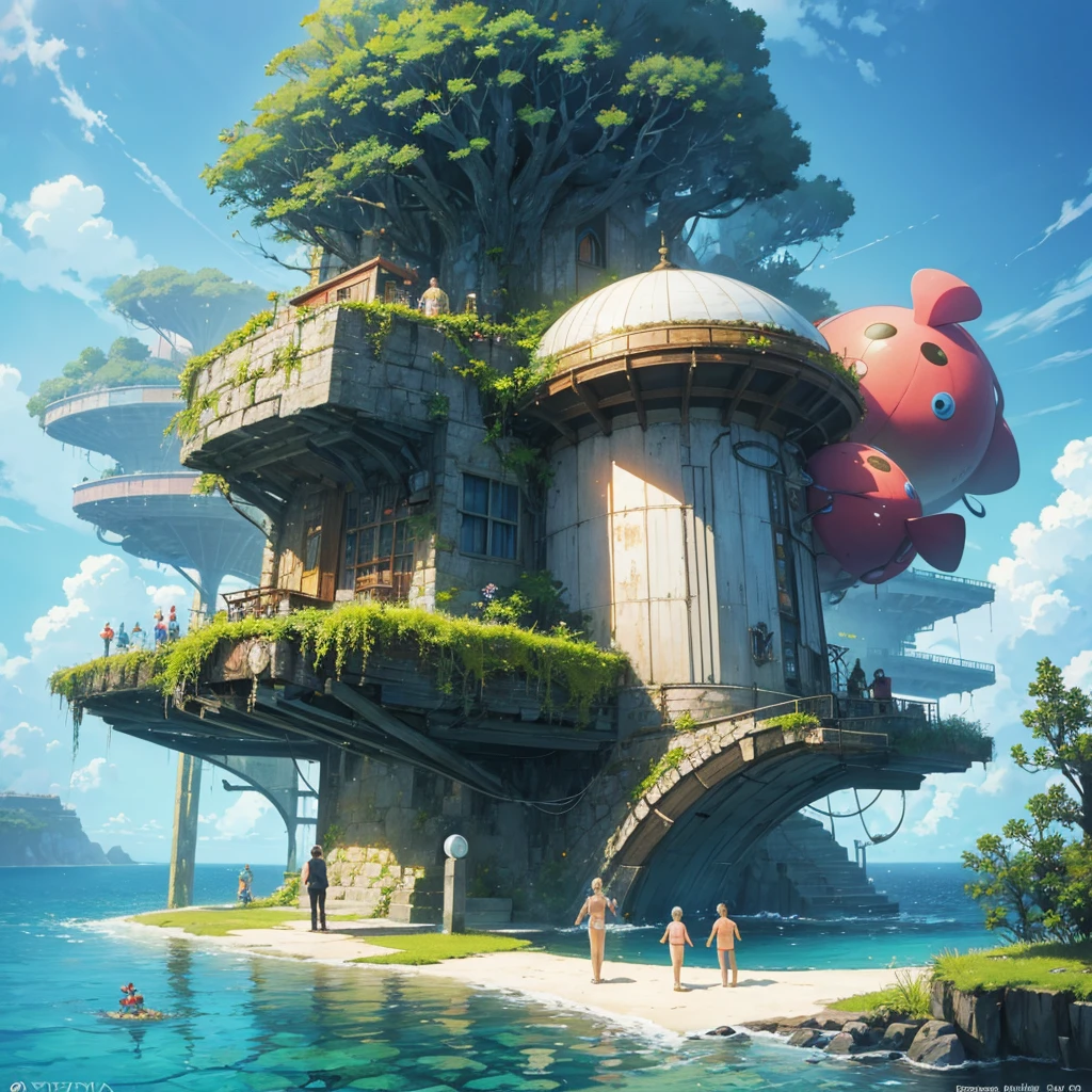 a group of people that are standing in the water, concept art, inspired by Jacek Yerka, big aquarium, katamari damacy, promo image, built around ocean