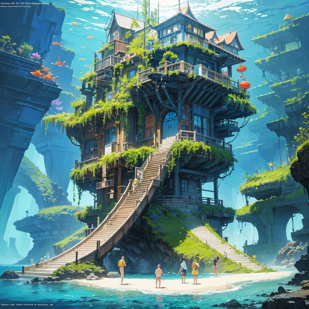 a group of people that are standing in the water, concept art, inspired by Jacek Yerka, big aquarium, katamari damacy, promo image, built around ocean