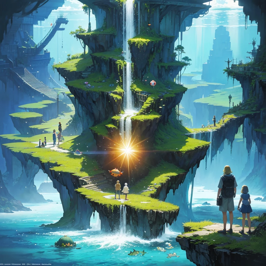 a group of people that are standing in the water, concept art, inspired by Jacek Yerka, big aquarium, katamari damacy, promo image, built around ocean