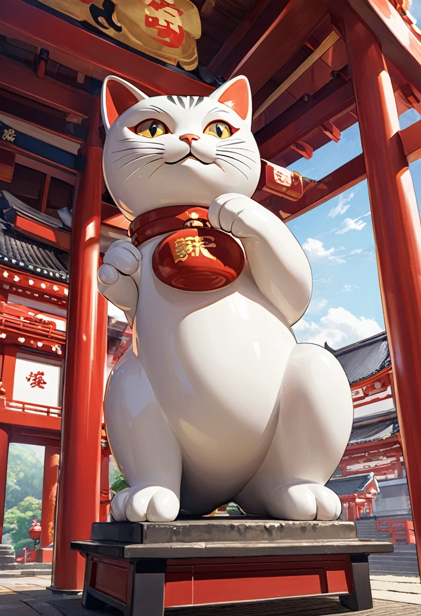 Highest quality, Highest quality, 16K, Unbelievably absurd, Very detailed, delicate and dynamic, Natural light, A giant ceramic beckoning cat figurine,  30m tall beckoning cat, shrine