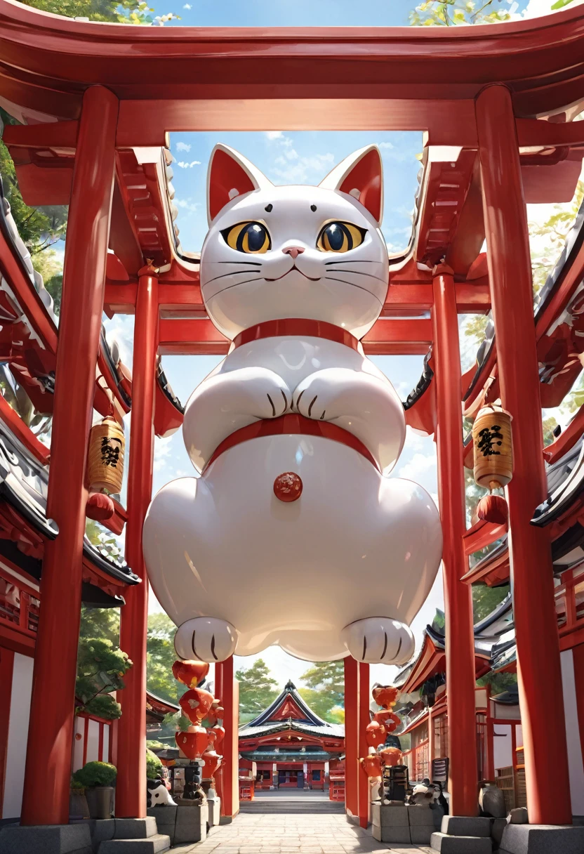 Highest quality, Highest quality, 16K, Unbelievably absurd, Very detailed, delicate and dynamic, Natural light, A giant ceramic beckoning cat figurine,  30m tall beckoning cat, shrine