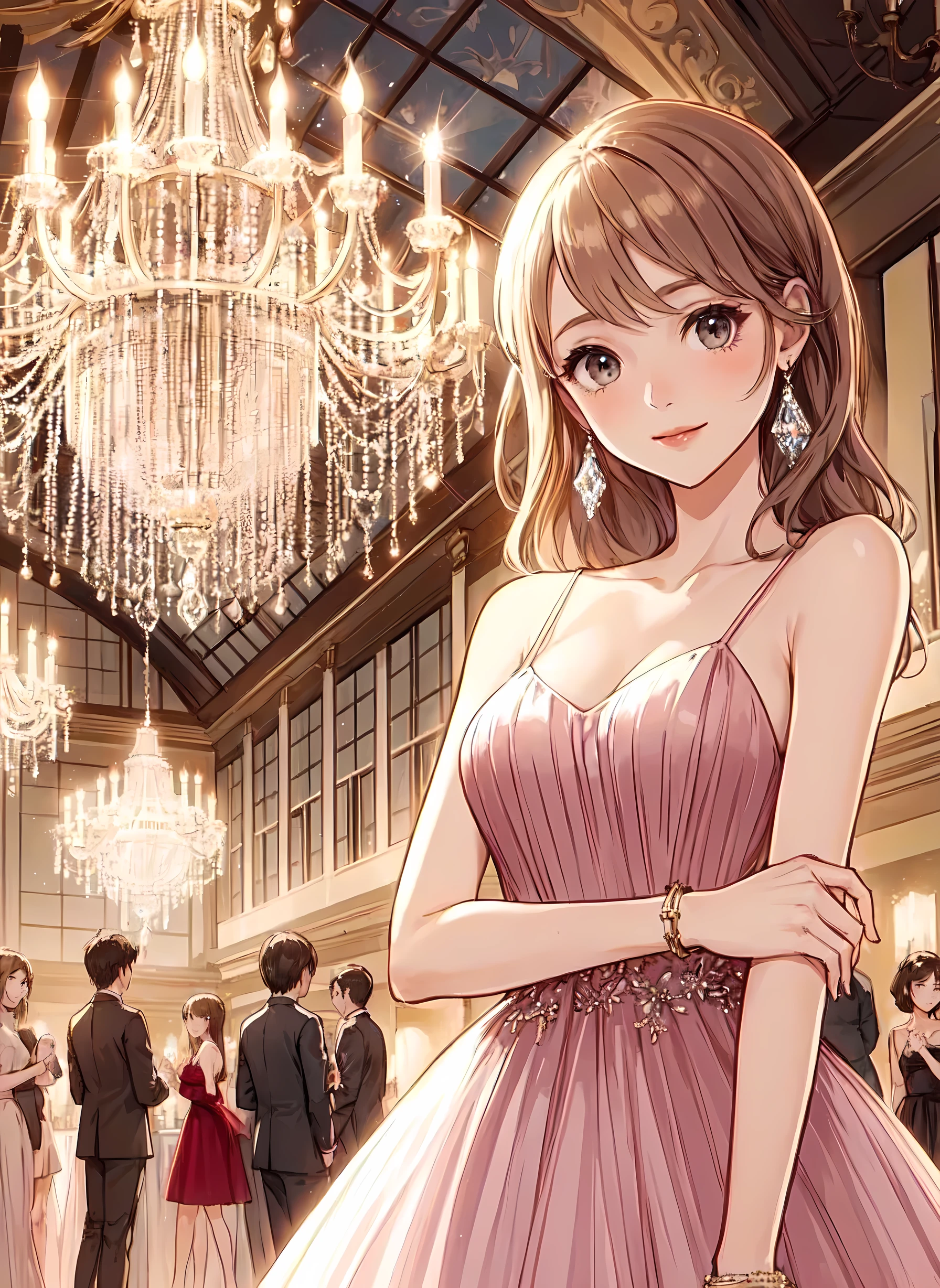 1lady solo, standing, (evening dress) stylish, long hem, (mature female:0.8), /(beige hair/) bangs, kind smile, (masterpiece best quality:1.2) delicate illustration ultra-detailed, large breasts BREAK (luxury venue) indoors, chandelier, detailed background