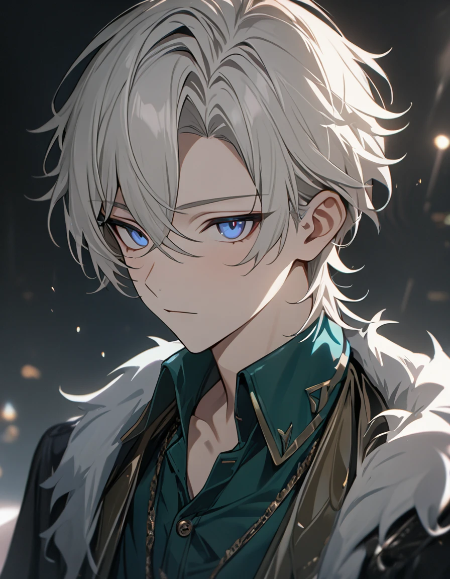 1 male, short hair, white hair, blue eyes, aventurine clothes, (best quality,4k,highres,masterpiece:1.2), teenager, expressionless, emotionless