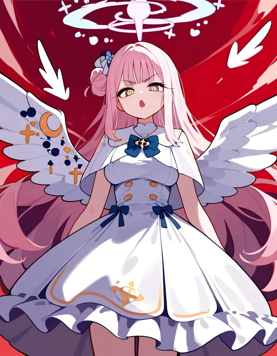 (score_9,score_8_up,score_7_up),1girl,highres,mika_\(blue_archive\),white_wings,feathered_wings,hair_flower,large_breasts,angel_wings,white_dress,low_wings, super glaring eyes, open mouth, menacing, blazing clothes, deserted, dripping_blood_from_eyes, scorched earth, red sky, looking at viewer