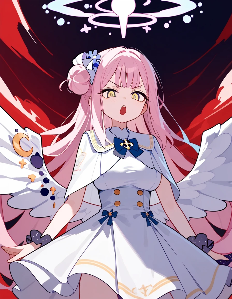 (score_9,score_8_up,score_7_up),1girl,highres,mika_\(blue_archive\),white_wings,feathered_wings,hair_flower,large_breasts,angel_wings,white_dress,low_wings, super glaring eyes, open mouth, menacing, blazing clothes, deserted, dripping_blood_from_eyes, scorched earth, red sky, looking at viewer