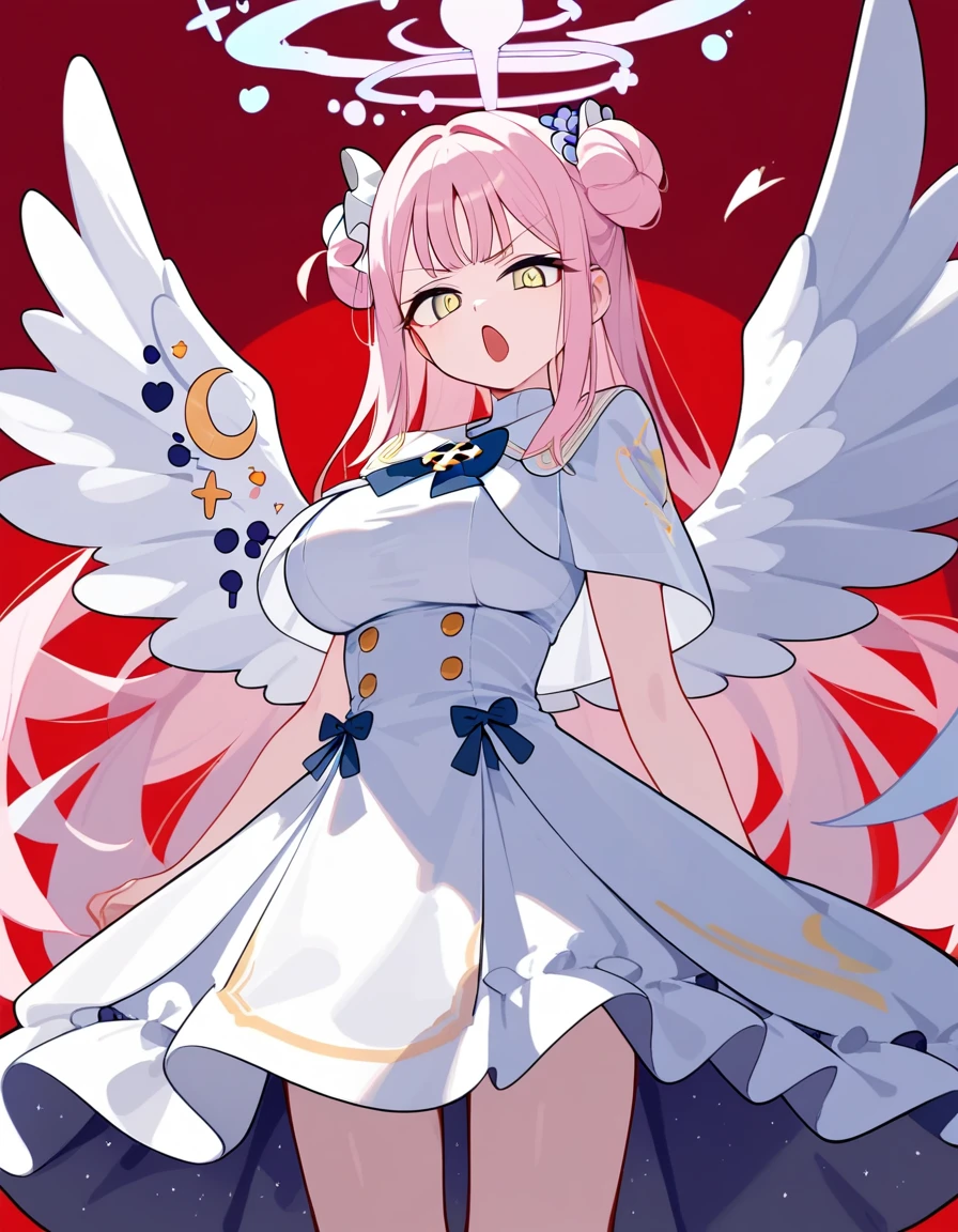 (score_9,score_8_up,score_7_up),1girl,highres,mika_\(blue_archive\),white_wings,feathered_wings,hair_flower,large_breasts,angel_wings,white_dress,low_wings, super glaring eyes, open mouth, menacing, blazing clothes, deserted, dripping_blood_from_eyes, scorched earth, red sky, looking at viewer