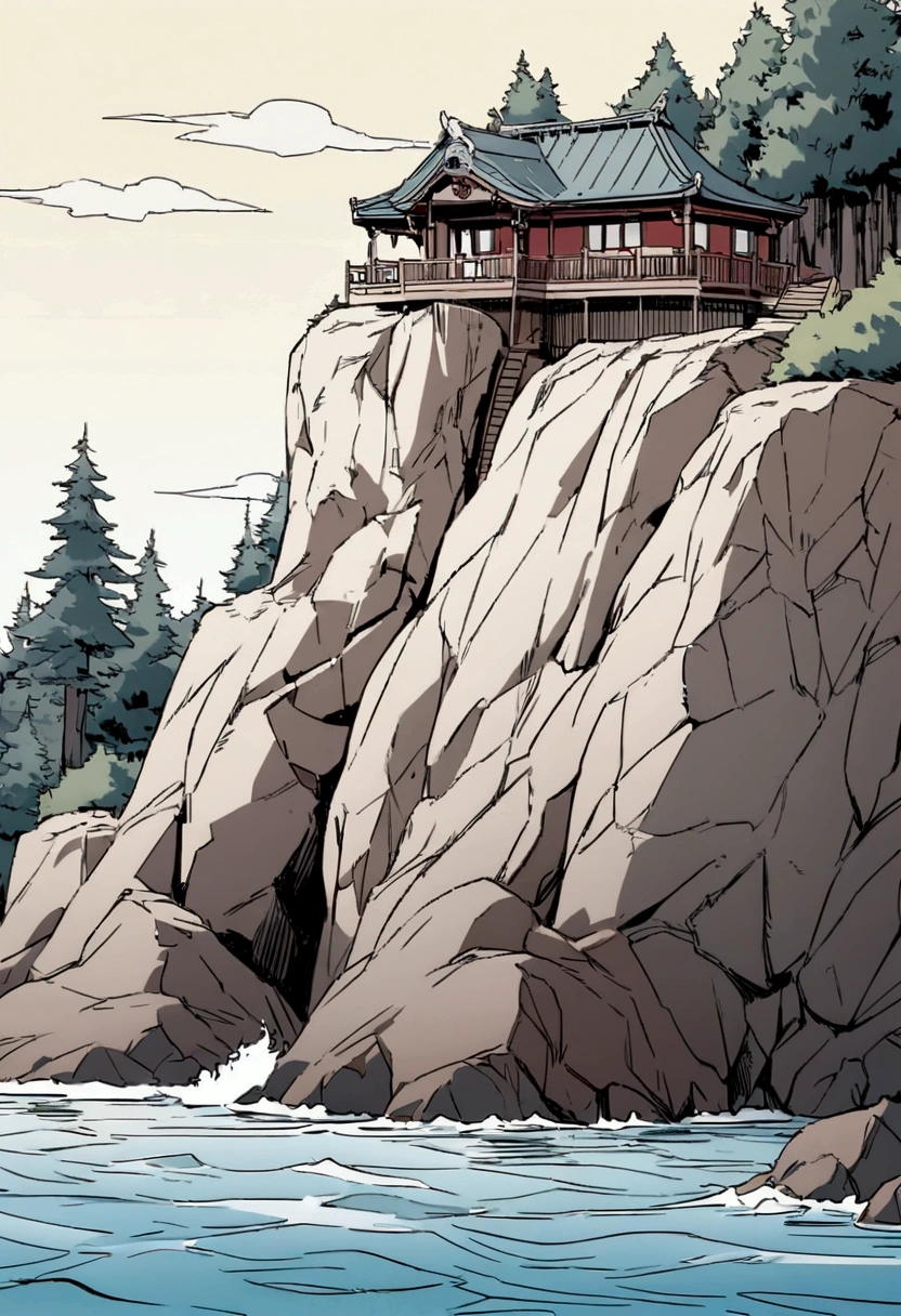 Create a simple coloring book style illustration of the red two-story Rokkakudo pavilion perched on a low cliff by the sea, designed for elementary school children. The image should include the pavilion, calm waters, rocky cliffs, and pine trees, depicted with clean, bold lines and minimal detail, making it easy to color. Ensure the composition and key elements closely match the provided reference image, maintaining the composition and details.