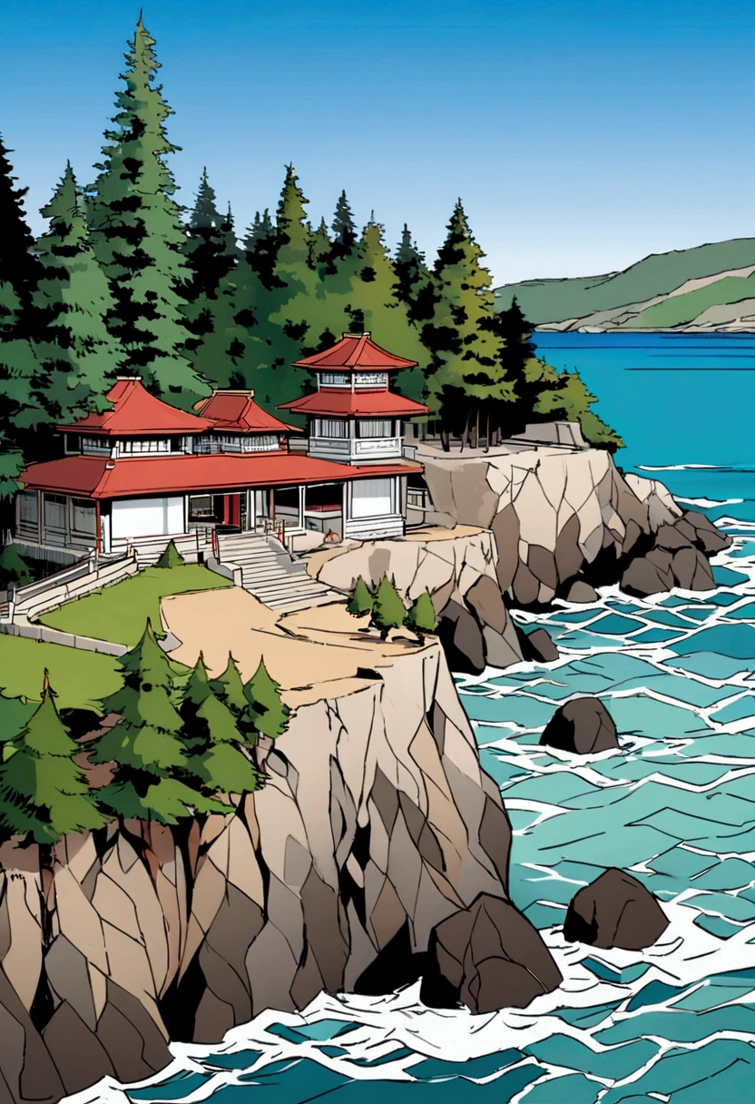 Create a simple coloring book style illustration of the red two-story Rokkakudo pavilion perched on a low cliff by the sea, designed for . The image should include the pavilion, calm waters, rocky cliffs, and pine trees, depicted with clean, bold lines and minimal detail, making it easy to color. Ensure the composition and key elements closely match the provided reference image, maintaining the composition and details.