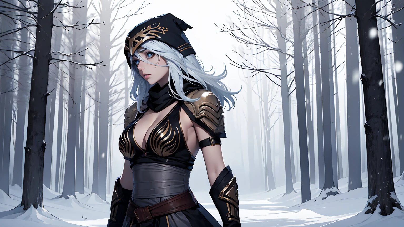 league of legends Ashe, warrior, (masterpiece, best quality), beautiful woman, outdoor snowy forest of pine trees, snow storm, low invisibility, perfect face, beautiful face, serious look, perfect slim fit body, hoding a bow, (standing), abstract background, bright colors, medium breasts, (solo), sexy