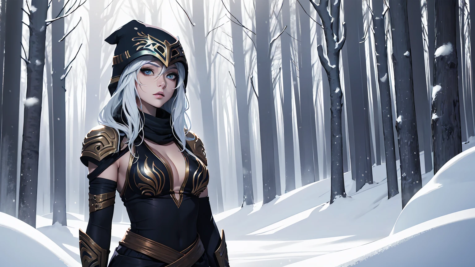 league of legends Ashe, warrior, (masterpiece, best quality), beautiful woman, outdoor snowy forest of pine trees, snow storm, low invisibility, perfect face, beautiful face, serious look, perfect slim fit body, hoding a bow, (standing), abstract background, bright colors, medium breasts, (solo), sexy