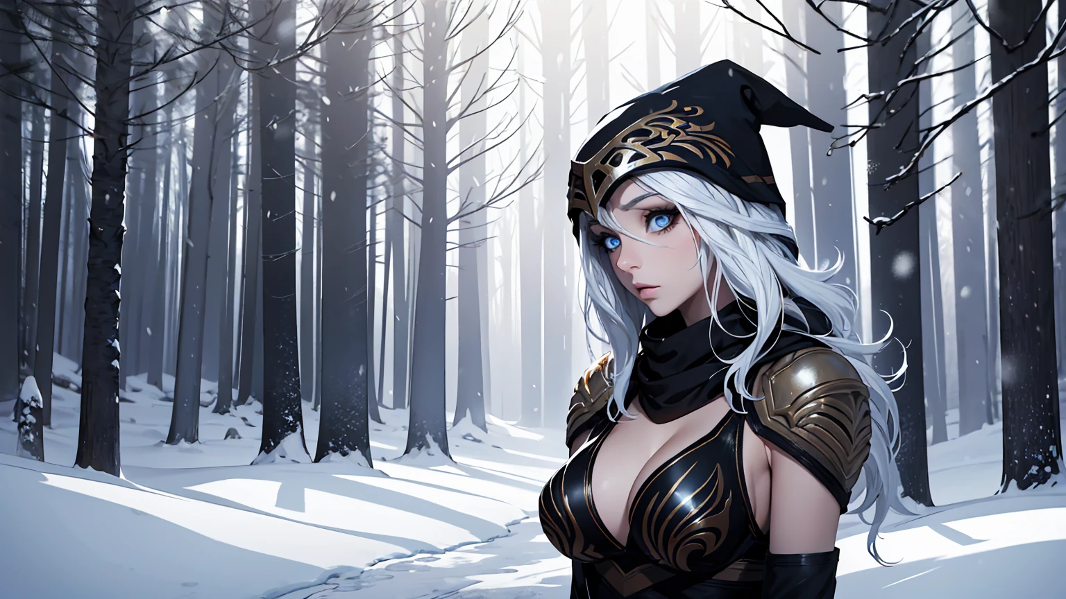 league of legends Ashe, warrior, (masterpiece, best quality), beautiful woman, outdoor snowy forest of pine trees, snow storm, low invisibility, perfect face, beautiful face, serious look, perfect slim fit body, hoding a bow, (standing), abstract background, bright colors, medium breasts, (solo), sexy