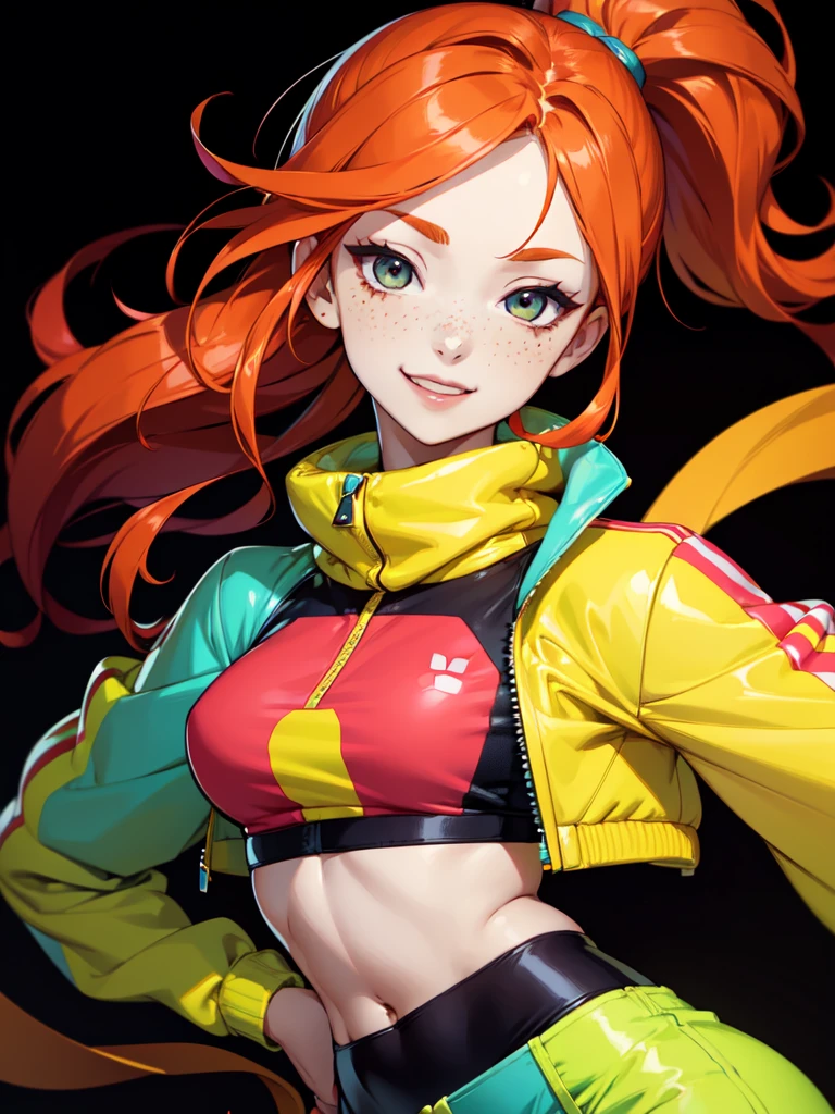 Anime style illustration of a female character with red and blue hair., sporting colorful chest tattoos and smiling on a yellow background. The artwork features bright colors., Intricate details and sharp focus with high resolution and high level of detail. It has a perfect composition in anime art style with Japanese manga art style.. The rendering is of the best quality in the style of Akira Toriyama and Nyo.. --AR 21:32