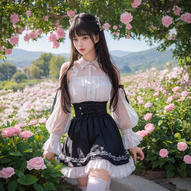 best quality, masterpiece, lifelike, 1 girl, solitary, eternity, black hair, Long curly hair, Bangs, laugh out loud, layered lace skirt, Puff sleeves, Wide sleeves, Transparent sleeves, flower, Detailed Background, Delicate face,pink blush,White,knee socks, pink shoes,cold,lots of lace,((masterpiece))、(top quality)、8k、high detail、Super detailed、 21 years old female,masterpiece、born、intricate details showcase the ruffles and intricate designs of the Lolita dress、fair、magic、realism、Visual effects、FXAA、SSAO、Shader、voiceless、ambient lighting、Tone mapping、High resolution、Ultra high quality、Million pixels、(8k resolution:1.10)、8k resolution、high detail、intricate details、 (high quality:1.2、masterpiece:1.2、:1.21)、(21 years old female),Hair accessories are not allowed,Travel Photos