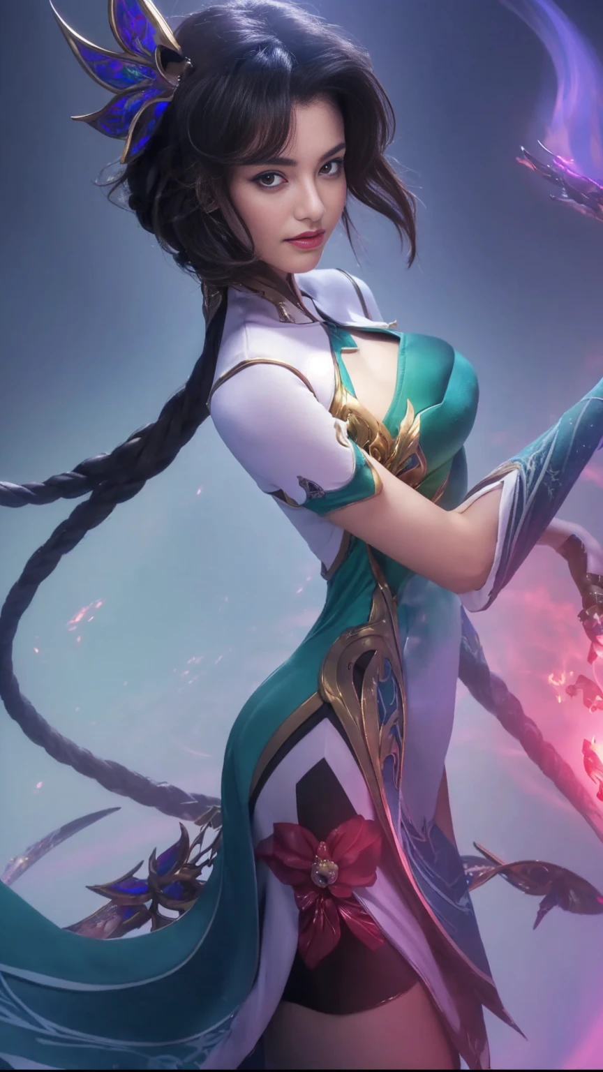 Top quality, masterpiece, very high resolution, (photorealistic: 1.4), 1 girl wearing green clothes, bright black eyes, black hair, professional flash, sharp focus,(extremely detailed CG unity 4k fhd), 8k.