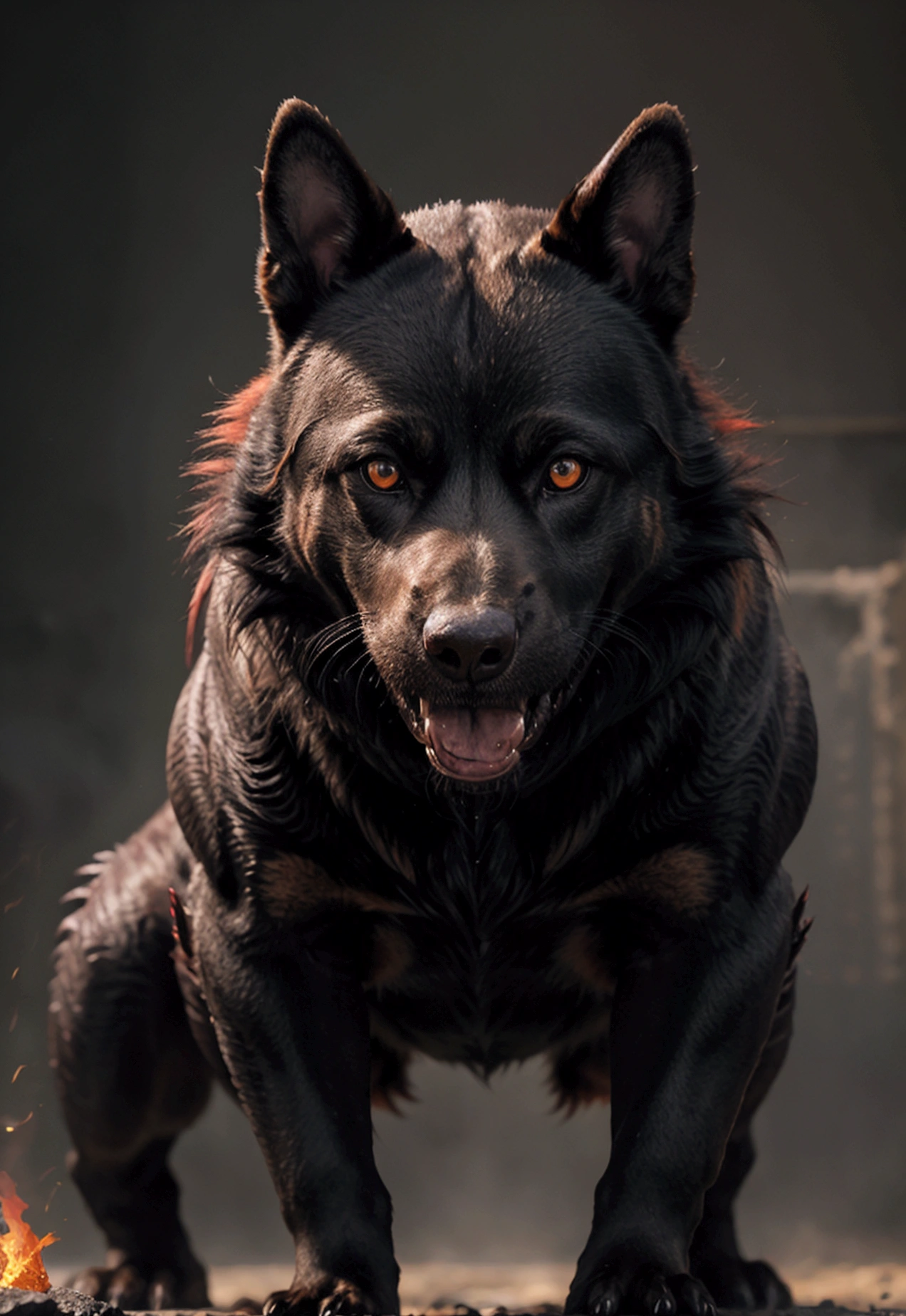 A menacing  dog with fiery red eyes, leaping with aggression, revealing razor-sharp fangs. This striking image captures the intensity of the predator's primal nature. In a vivid painting, the creature's fur is a blend of shadowy blacks and fiery reds, creating a sense of danger and power. The dynamic composition and expert use of color result in a visually stunning depiction of the fearsome creature.