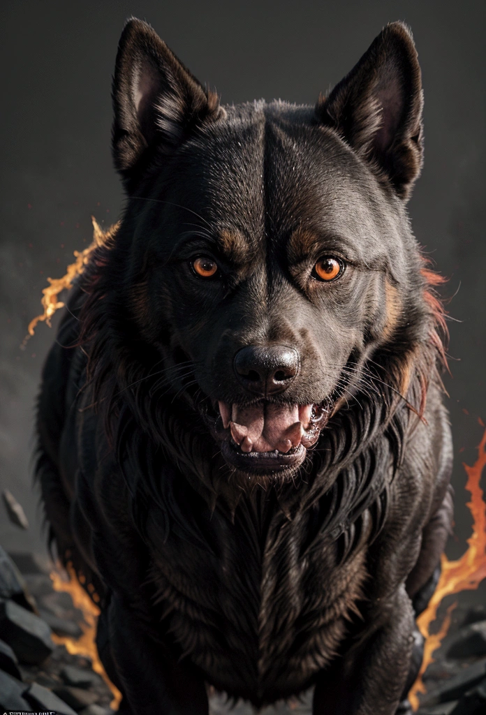 A menacing dog with fiery red eyes, leaping with aggression, revealing razor-sharp fangs. This striking image captures the intensity of the predator's primal nature. In a vivid painting, the creature's fur is a blend of shadowy blacks and fiery reds, creating a sense of danger and power. The dynamic composition and expert use of color result in a visually stunning depiction of the fearsome creature.