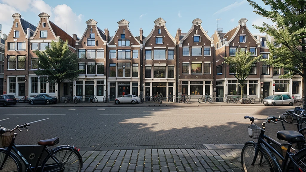 illustration of Amsterdam as seen from street level. Camera View should be in the middle of the city from a sidewalk.