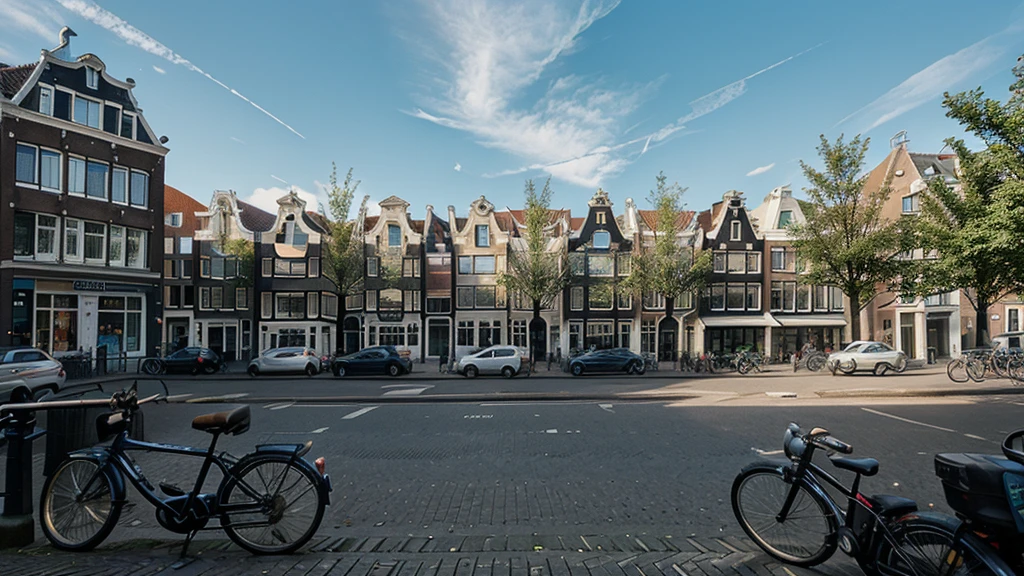 illustration of Amsterdam as seen from street level. Camera View should be in the middle of the city from a sidewalk.