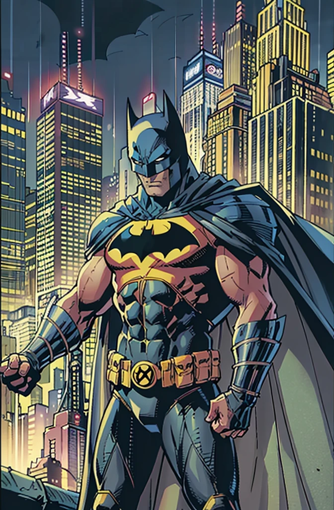 illustration, absurdres, masterpiece, 1boy, jim lee ,batman, standing, night, city, male focus,serious, on roof,cape,black armor, serious, cowboy shot, heavy downpour, floating cape,90s cartoons ,marvel comic，The background is New York City，Professional comic style, prominent contour lines