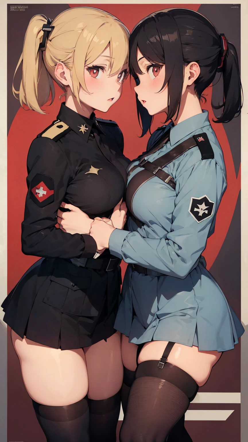 Propaganda poster. Gestapo uniform, female lesbian kawaii sisters kissing passionately wearing Luftwaffe uniforms. 8k. masterpiece. best quality. best artwork. lingerie. swastika insignia. bare breasts