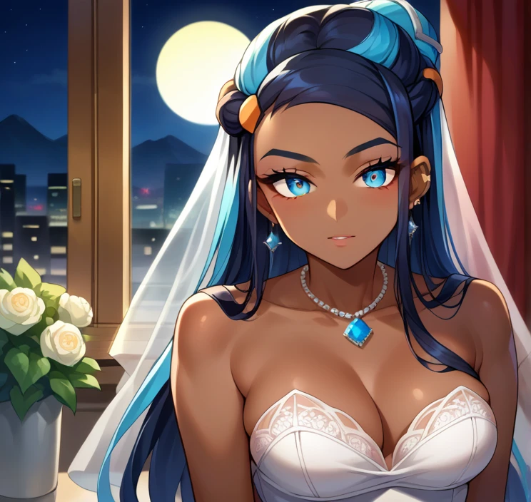 score_9, score_8_up,score_7_up, source_anime, 1girl, solo, EPpkNessa, blue eyes, black hair, blue hair, streaked hair, single hair bun, dark skin, dark-skinned female, necklace, ear piercing,wedding dress,bedroom, at a dark room, at night , city view from the window, gyaru,