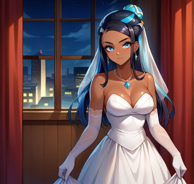 score_9, score_8_up,score_7_up, source_anime, 1girl, solo, EPpkNessa, blue eyes, black hair, blue hair, streaked hair, single hair bun, dark skin, dark-skinned female, necklace, ear piercing,wedding dress,bedroom, at a dark room, at night , city view from the window, gyaru,