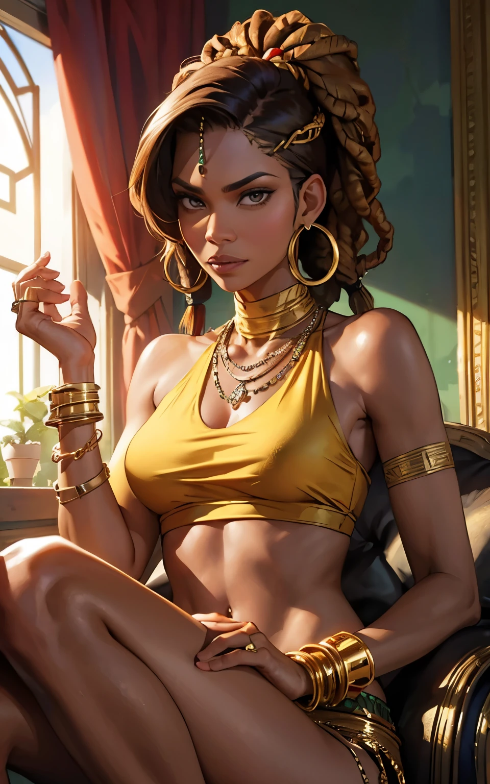 (Zendaya:Halle Berry) dressed like a nigerian chaman, red green and yellow sleeveless tunic, (high top fade haircut and dreads) tribal tattoo in the face, (golden rings necklace), Lovecraft atmosphere, masterpiece, hyperdetailed, atlxbhsc