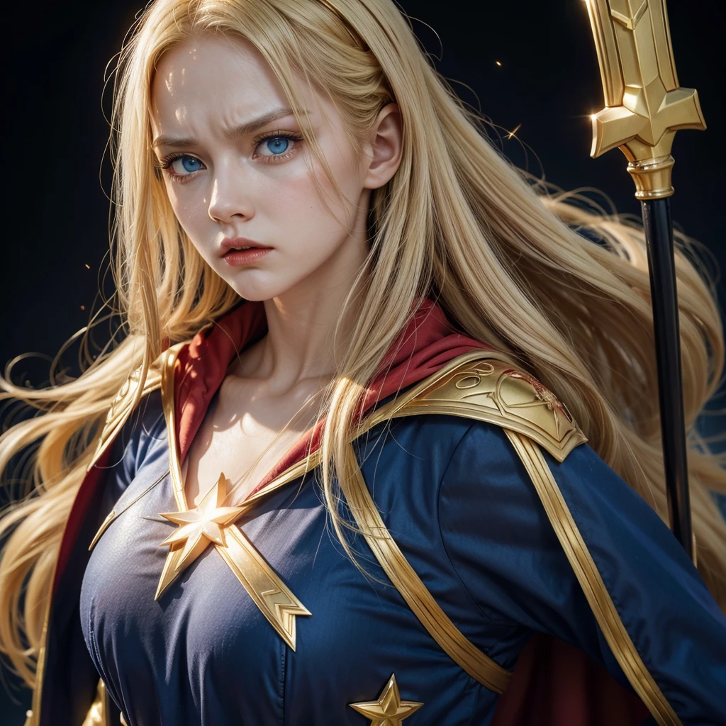 Supergirl, perfect costume, traditional 'S' in the chest, extremely beautiful blue eyes, beautiful blond hair, incredible beautiful anatomy, smooth curves, perfect anatomy, perfect smile, red cape, space in the background 